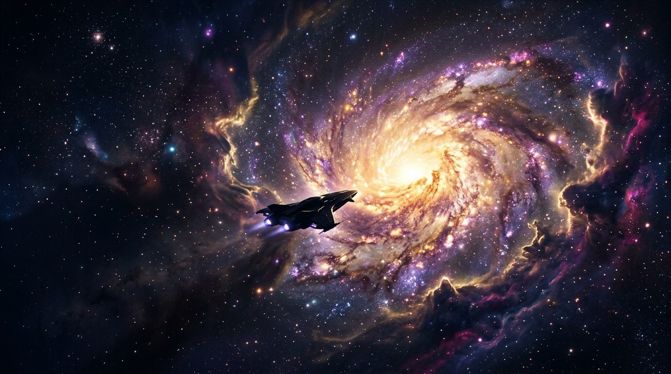 一艘 AI 星舰驶向广阔的螺旋星系