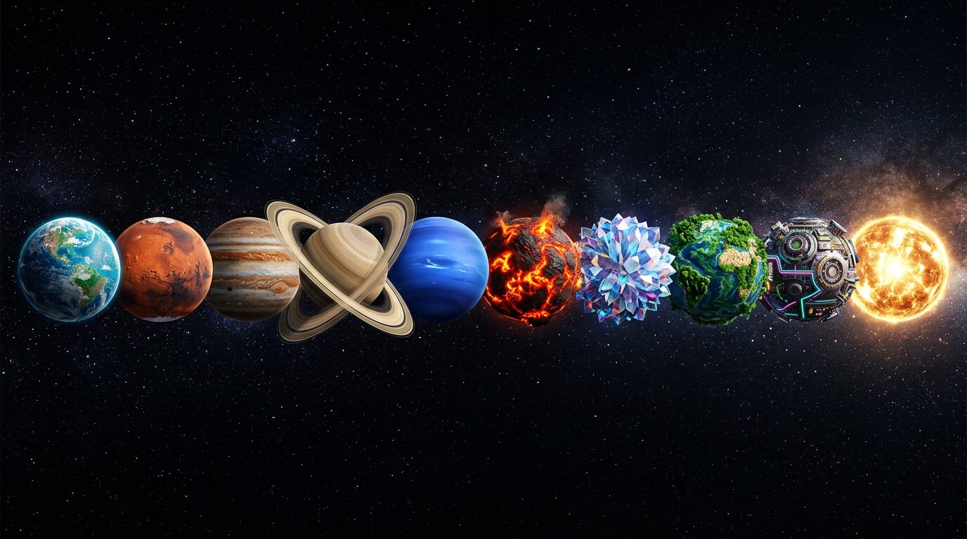十颗星球从左到右排成一列：地球、火星、木星、土星、海王星、熔岩星、水晶星、丛林星、机械星、银河核心